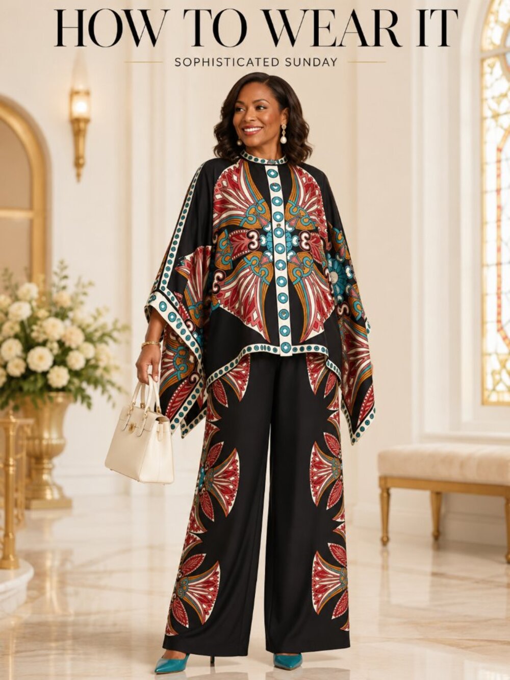 Plus Size Midnight Mosaic Ornamental Cape Pants Set 0XL–3XL